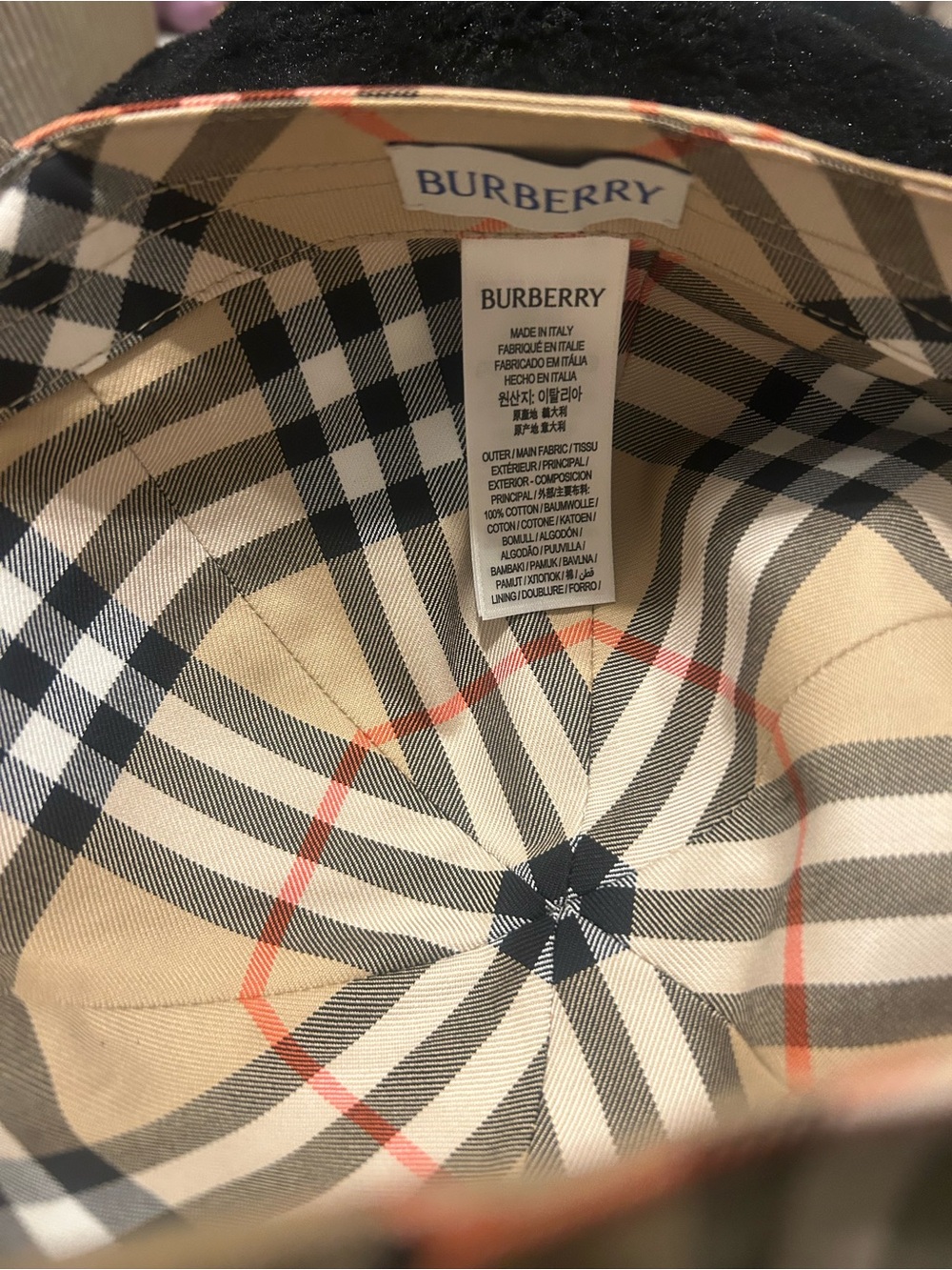 Burberry Beige & Black Check Bucket Hat with Red Accents